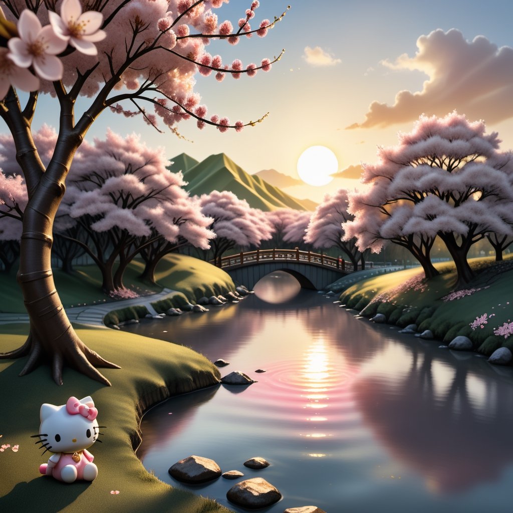 Beautiful Hello Kitty in the golden hour, depicted in 3D illustration, paper weaving through a cherry blossom creek and tree. Soft colors, cumulus clouds, a large sun setting over the cherry blossom creek, fine gold lines serving as a border with an alcohol ink effect, sprinkled with glitter, and soft colors.