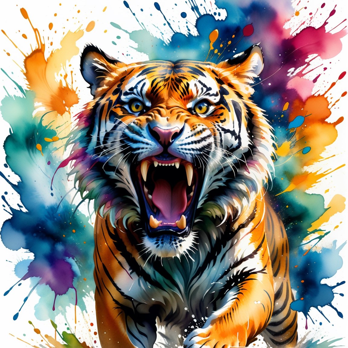 A wild tiger is roaring fiercely, charging directly towards the camera with a fierce expression. The imagery is captured in a dynamic watercolor style, showcasing vibrant colors and fluid strokes. Splashes and splatters around the tiger indicate its rapid movement and wild energy. The details of the body are particularly rich, with vivid colors to emphasize its impressive size and regal demeanor., 