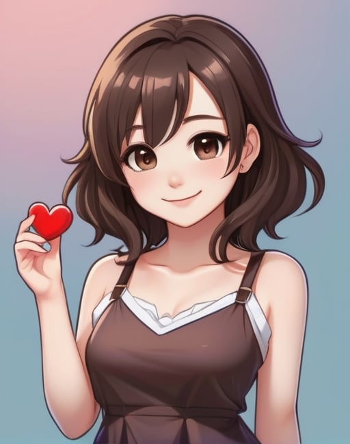 masterpiece, anime style, chibi, illustrated logo, medium short shot, head tilted three quarters, emote for twitch of a girl, medium dark brown eyes, dark brown hair, wearing camisole, long hair to chest, smiling, proud, making a heart with hands,milokk