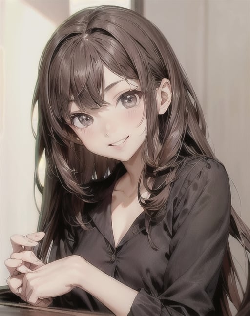 masterpiece, anime style, chibi, illustrated logo, medium short shot, head tilted three quarters, emote for twitch of a girl, medium dark brown eyes, dark brown hair, wearing silk blouse, long hair to chest, smiling, proud, making a heart with hands,milokk