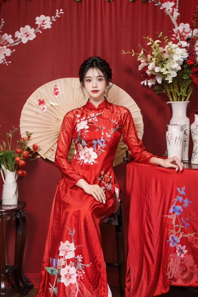 1girl, solo,  black hair, , indoors, chair, floral print, table, plant, hand fan, red aodai,aodaicuoi,perfect