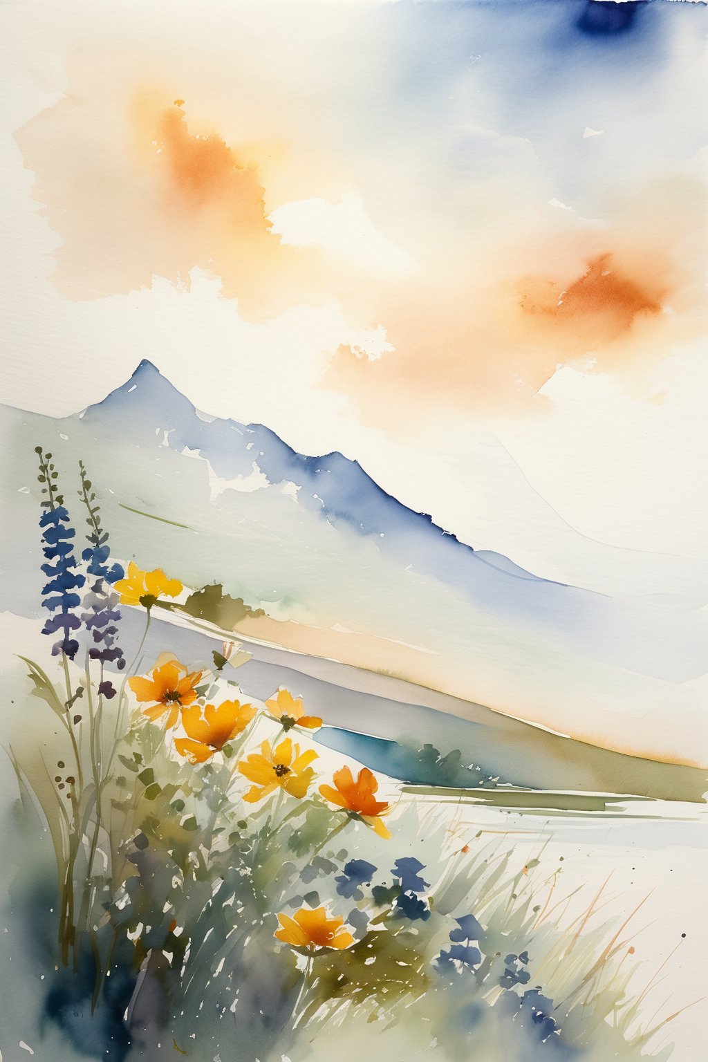 Design a Stark watercolor painting with contrasting light and shadow, revealing the simple beauty of wild flowers, and the couple's journey reflecting the tranquility and nobility of the natural world. The couple's form depicts precise, nuanced representation, and their journey evokes humility and reverence for the realist tradition.