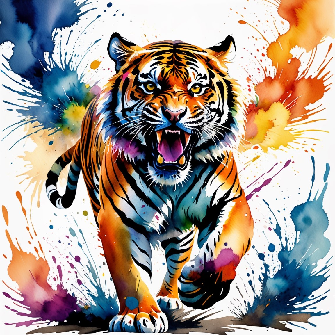 A wild tiger is roaring fiercely, charging directly towards the camera with a fierce expression. The imagery is captured in a dynamic watercolor style, showcasing vibrant colors and fluid strokes. Splashes and splatters around the tiger indicate its rapid movement and wild energy. The details of the body are particularly rich, with vivid colors to emphasize its impressive size and regal demeanor.