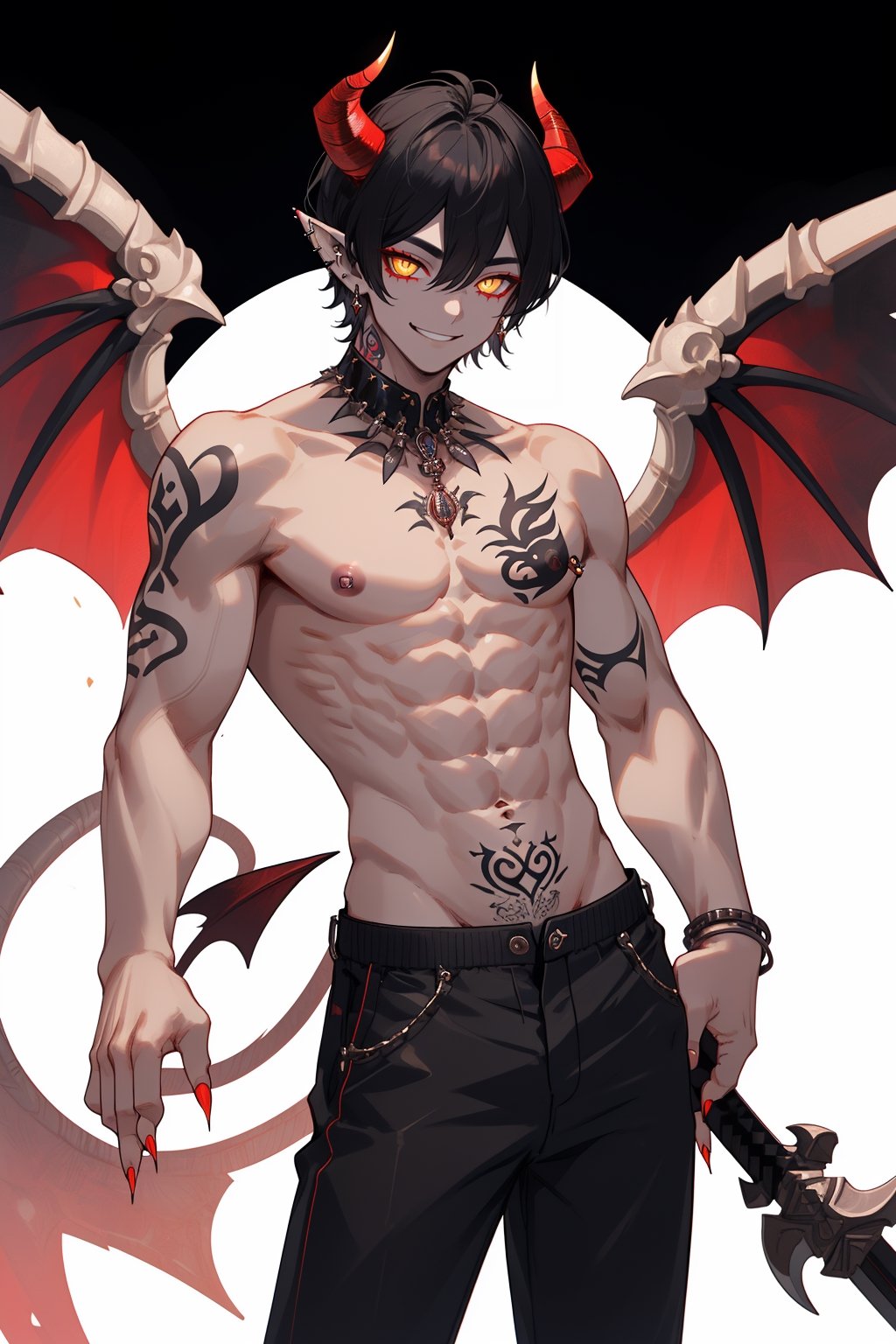 solo, looking at viewer, smile, simple background, black hair, 1boy, white background, navel, jewelry, nipples, yellow eyes, weapon, male focus, cowboy shot, wings, horns, pointy ears, pants, fingernails, tattoo, muscular, colored skin, black pants, piercing, abs, pectorals, muscular male, demon horns, gem, claws, colored sclera, long fingernails, demon wings, topless male, sharp fingernails, nipple piercing, demon boy,1boy