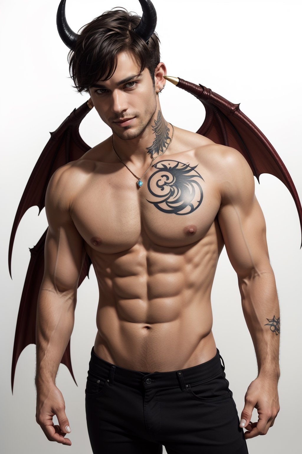 solo, looking at viewer, smile, simple background, black hair, 1boy, white background, navel, jewelry, nipples, yellow eyes, weapon, male focus, cowboy shot, wings, horns, pointy ears, pants, fingernails, tattoo, muscular, colored skin, black pants, piercing, abs, pectorals, muscular male, demon horns, gem, claws, colored sclera, long fingernails, demon wings, topless male, sharp fingernails, nipple piercing, demon boy