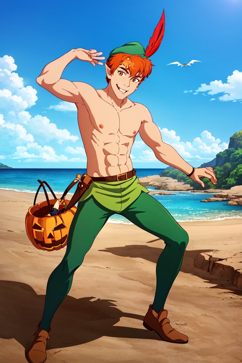 1boy, masterpiece, Beauty,peter pan, short hair, orange hair, green pants, shirtless, belt, brown footwear, hat feather, male focus, pointy ears, looking_at_viewer, open clothes,( male_nipples), smile, island, blue sky, ,HalloweenGlowStyle,More Detail