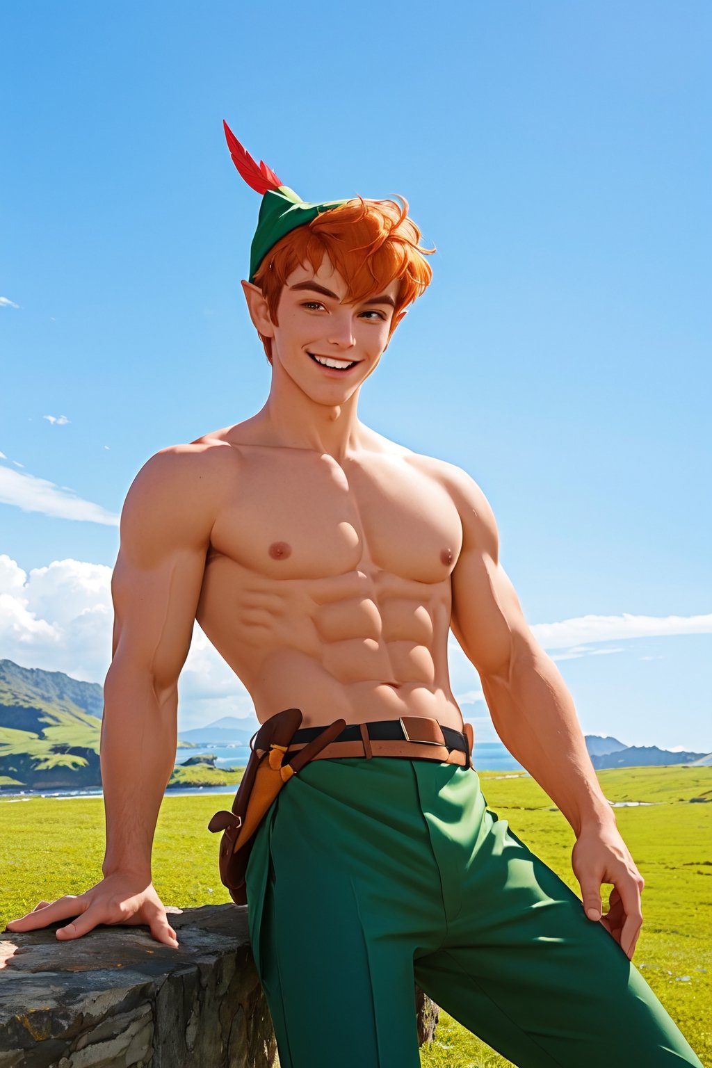 1boy, masterpiece, Beauty,peter pan, short hair, orange hair, green pants, shirtless, belt, brown footwear, hat feather, male focus, pointy ears, looking_at_viewer, open clothes,( male_nipples), smile, island, blue sky, 