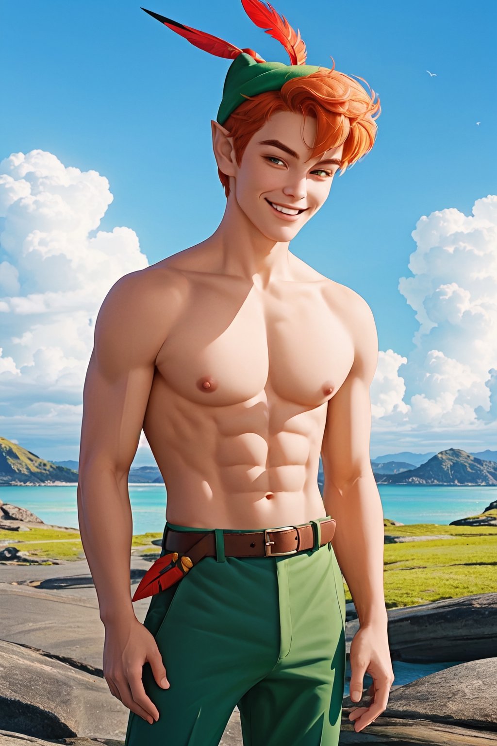 1boy, masterpiece, Beauty,peter pan, short hair, orange hair, green pants, shirtless, belt, brown footwear, hat feather, male focus, pointy ears, looking_at_viewer, open clothes,( male_nipples), smile, island, blue sky, 