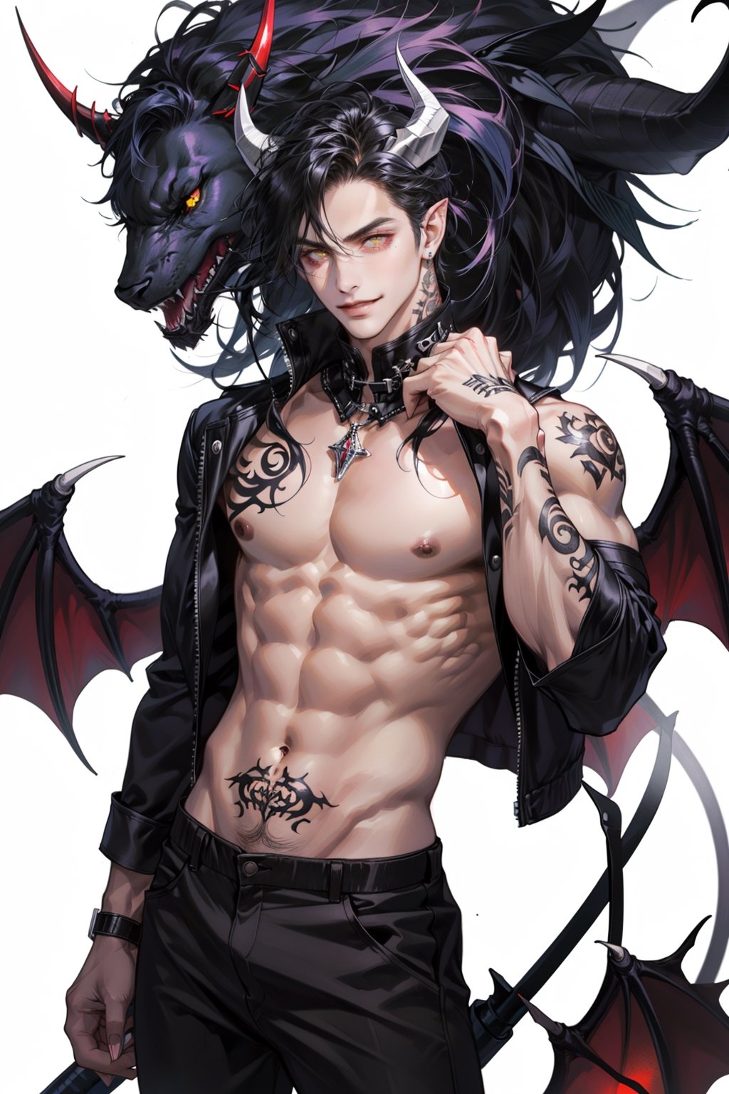 solo, looking at viewer, smile, simple background, black hair, 1boy, white background, navel, jewelry, nipples, yellow eyes, weapon, male focus, cowboy shot, wings, horns, pointy ears, pants, fingernails, tattoo, muscular, colored skin, black pants, piercing, abs, pectorals, muscular male, demon horns, gem, claws, colored sclera, long fingernails, demon wings, topless male, sharp fingernails, nipple piercing, demon boy,1boy