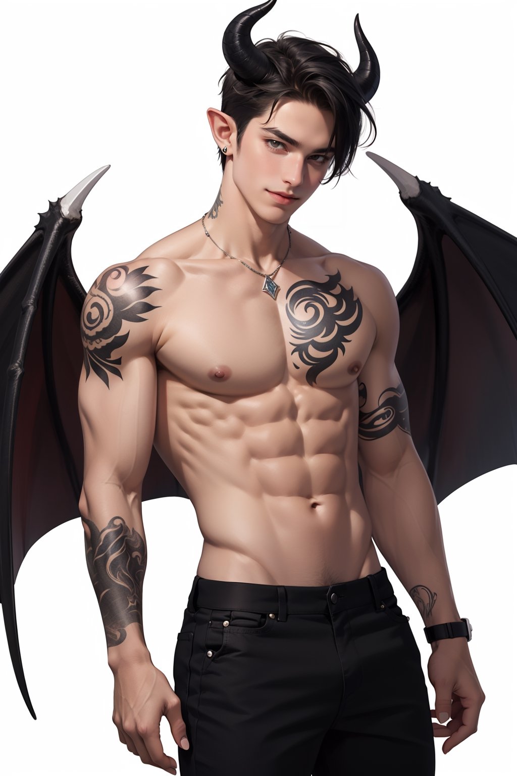 solo, looking at viewer, smile, simple background, black hair, 1boy, white background, navel, jewelry, nipples, yellow eyes, weapon, male focus, cowboy shot, wings, horns, pointy ears, pants, fingernails, tattoo, muscular, colored skin, black pants, piercing, abs, pectorals, muscular male, demon horns, gem, claws, colored sclera, long fingernails, demon wings, topless male, sharp fingernails, nipple piercing, demon boy,1boy