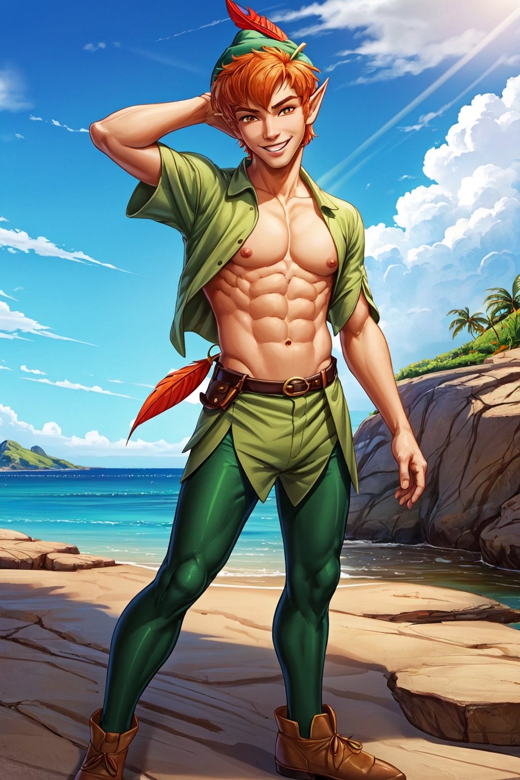 1boy, masterpiece, Beauty,peter pan, short hair, orange hair, green pants, shirtless, belt, brown footwear, hat feather, male focus, pointy ears, looking_at_viewer, open clothes,( male_nipples), smile, island, blue sky, 