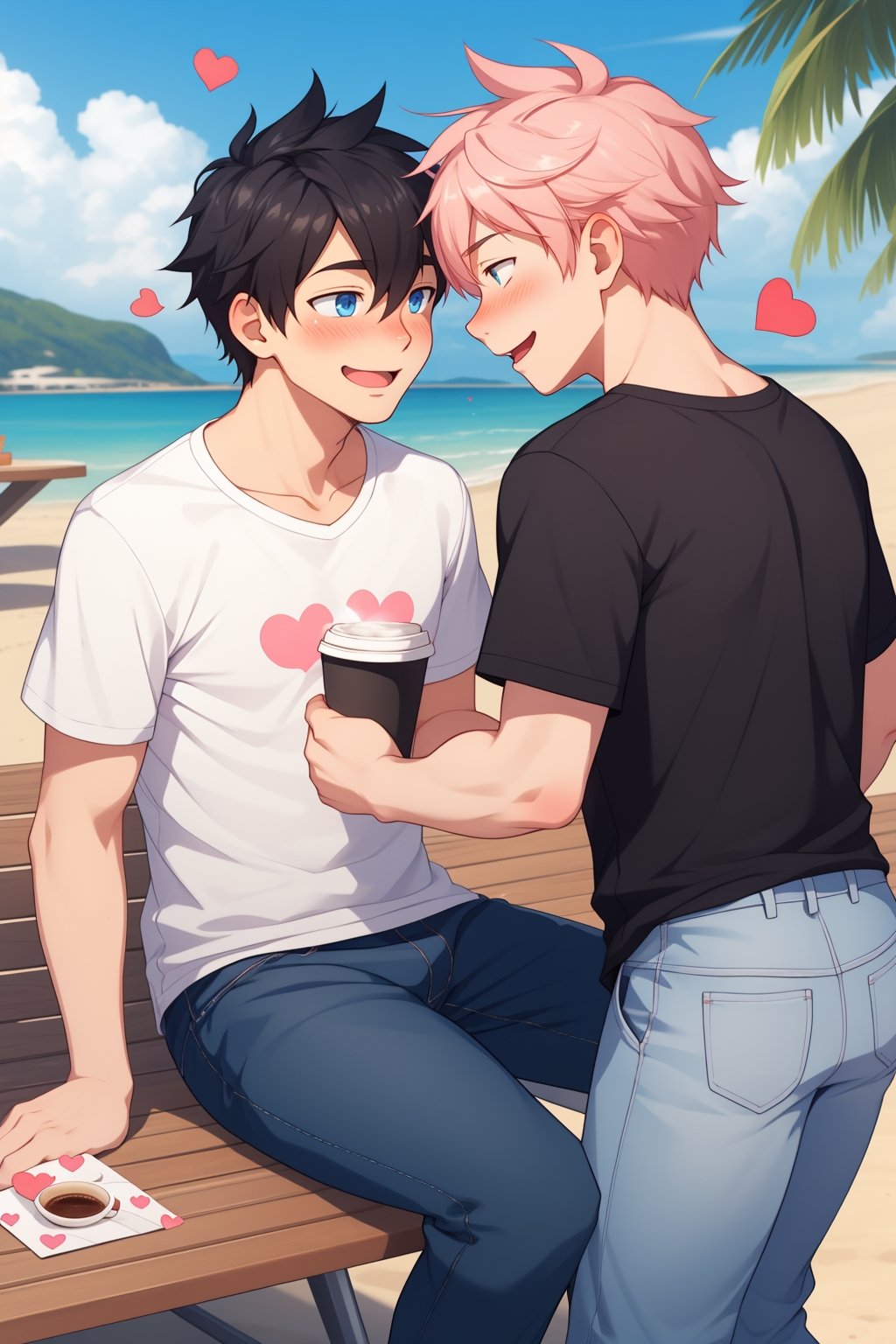 2boys, couple,yaoi, gay, san valentin, hearts, blush_sticker, blush, summer, love, loving, casual clothes, coffee,best quality