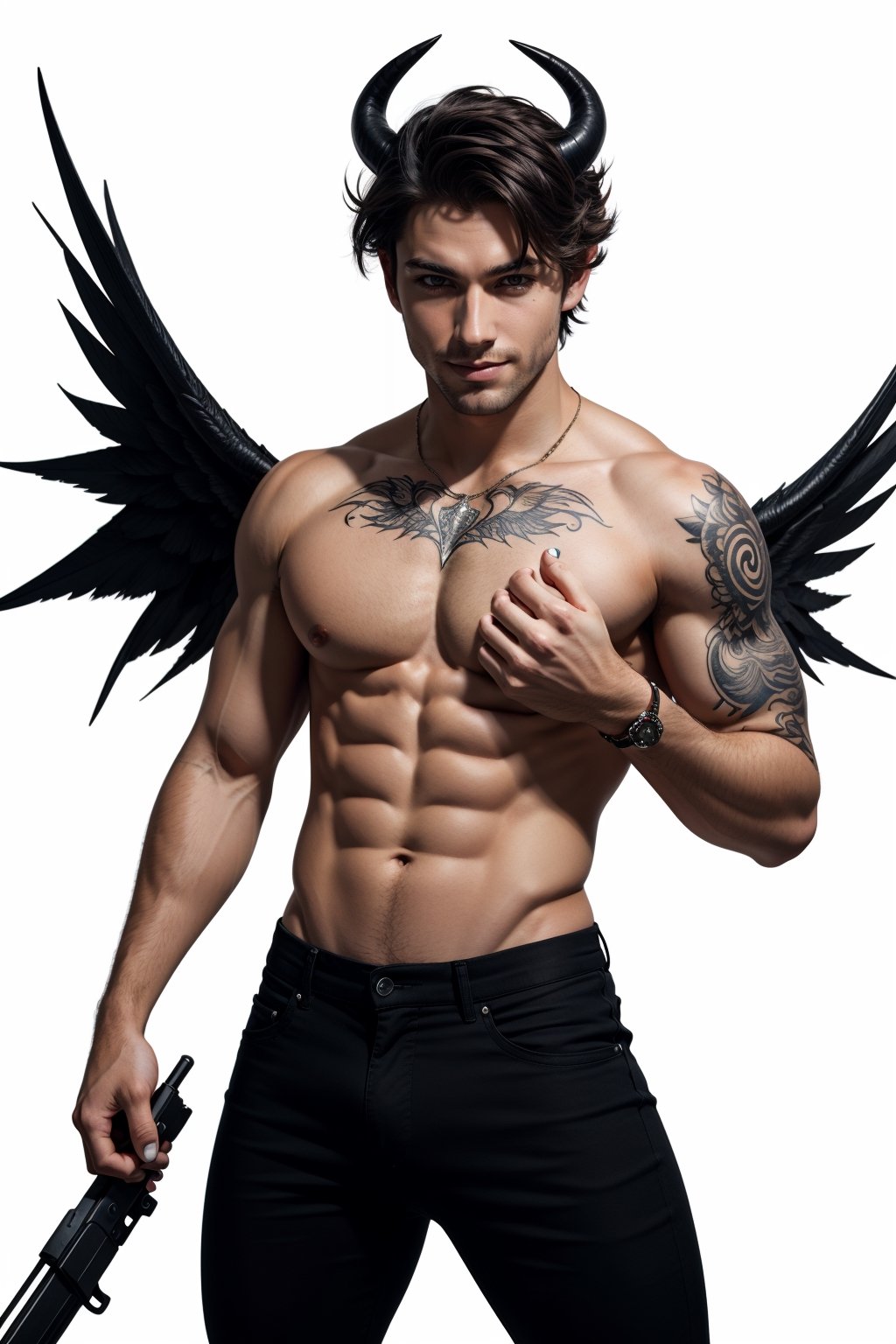 solo, looking at viewer, smile, simple background, black hair, 1boy, white background, navel, jewelry, nipples, yellow eyes, weapon, male focus, cowboy shot, wings, horns, pointy ears, pants, fingernails, tattoo, muscular, colored skin, black pants, piercing, abs, pectorals, muscular male, demon horns, gem, claws, colored sclera, long fingernails, demon wings, topless male, sharp fingernails, nipple piercing, demon boy