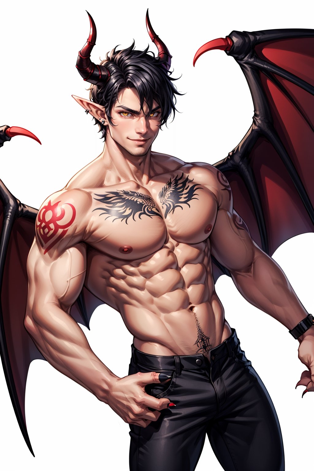 solo, looking at viewer, smile, simple background, black hair, 1boy, white background, navel, jewelry, nipples, yellow eyes, weapon, male focus, cowboy shot, wings, horns, pointy ears, pants, fingernails, tattoo, muscular, colored skin, black pants, piercing, abs, pectorals, muscular male, demon horns, gem, claws, colored sclera, long fingernails, demon wings, topless male, sharp fingernails, nipple piercing, demon boy