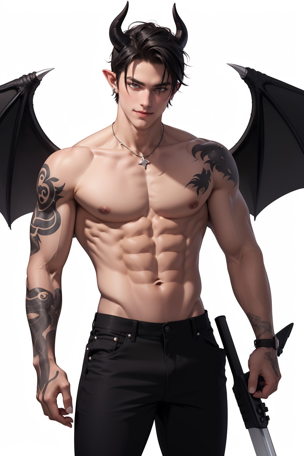 solo, looking at viewer, smile, simple background, black hair, 1boy, white background, navel, jewelry, nipples, yellow eyes, weapon, male focus, cowboy shot, wings, horns, pointy ears, pants, fingernails, tattoo, muscular, colored skin, black pants, piercing, abs, pectorals, muscular male, demon horns, gem, claws, colored sclera, long fingernails, demon wings, topless male, sharp fingernails, nipple piercing, demon boy,1boy