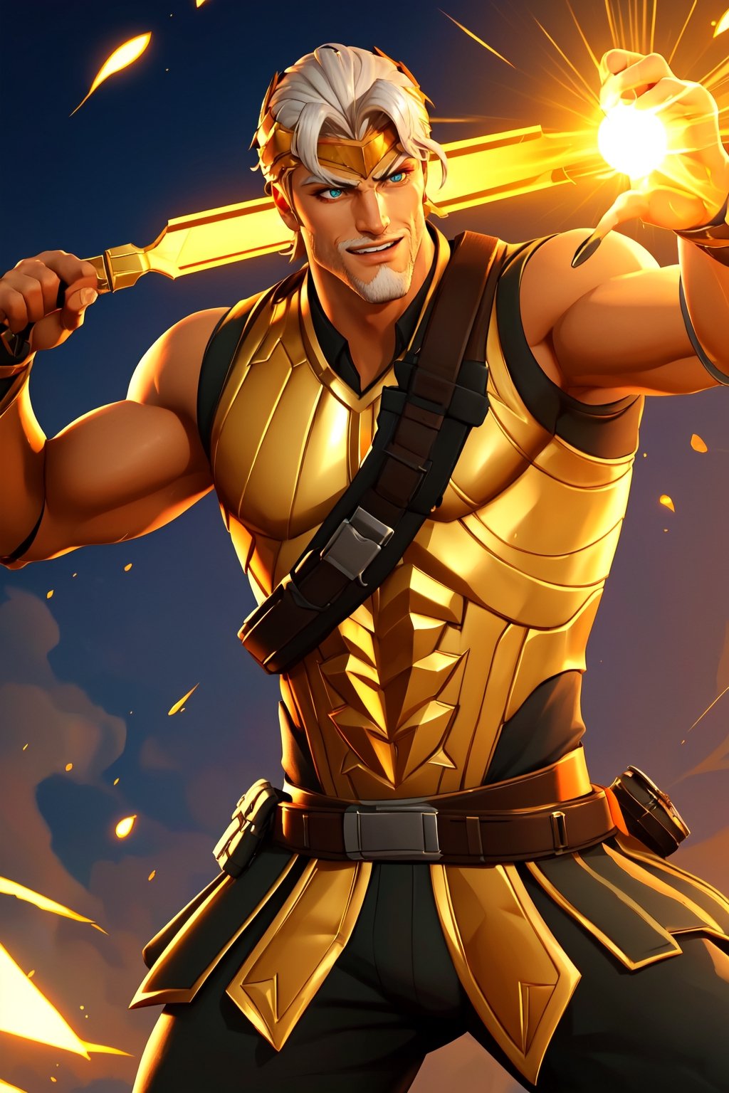 zeusfortnitev1, 1boy, white skin, white hair, white hair, mature male, green eyes, facial hair, bulge, , light smile, shotgun shell bandolier, golden armor,  dynamic pose, action pose, holding weapon,