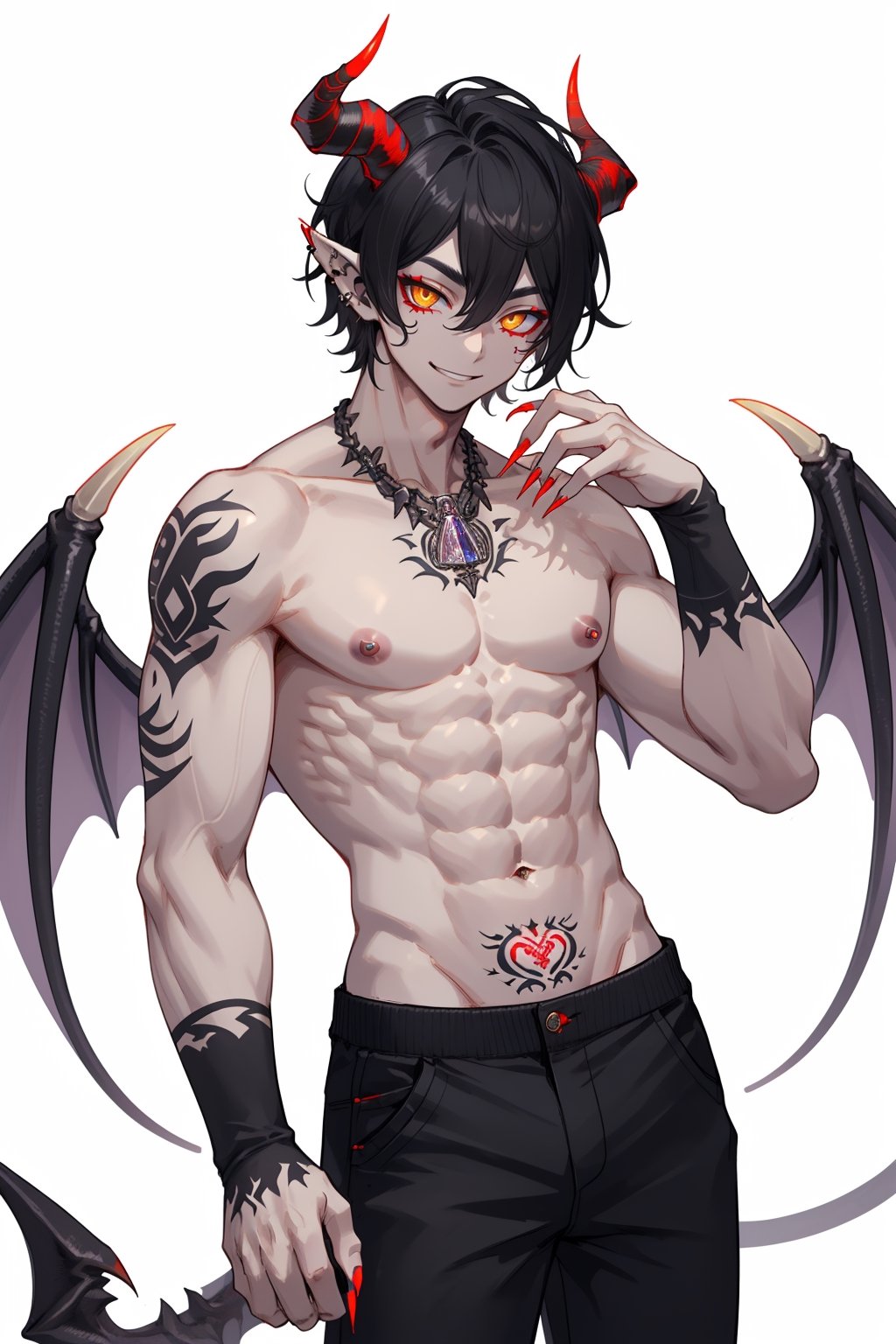 solo, looking at viewer, smile, simple background, black hair, 1boy, white background, navel, jewelry, nipples, yellow eyes, weapon, male focus, cowboy shot, wings, horns, pointy ears, pants, fingernails, tattoo, muscular, colored skin, black pants, piercing, abs, pectorals, muscular male, demon horns, gem, claws, colored sclera, long fingernails, demon wings, topless male, sharp fingernails, nipple piercing, demon boy,1boy