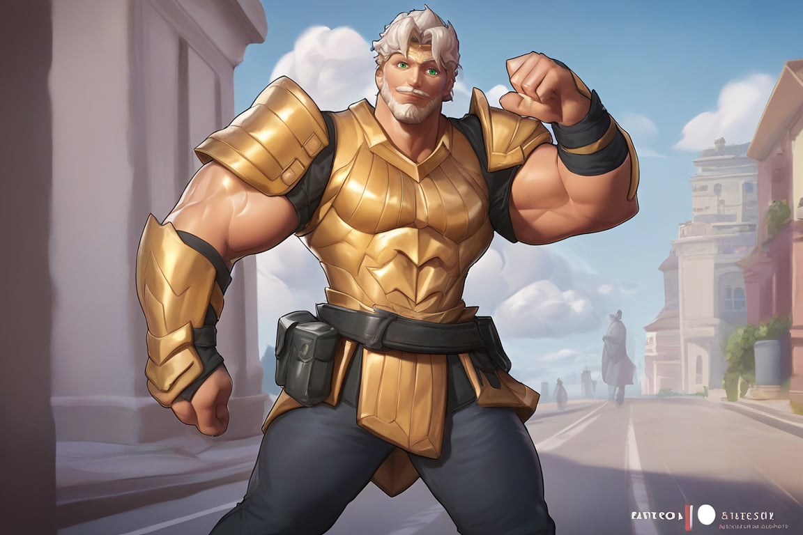 score_9, score_8_up, score_7_up, score_6_up, score_5_up, score_4_up, source_anime , rating_explicit
   city, street, dinamic pose,     1boy, male focus, light smile, mature male, white hair, green eyes, hair face, beard,mustache, muscular,  olympus,  clouds,  pants, golden armor, looking at viewer,