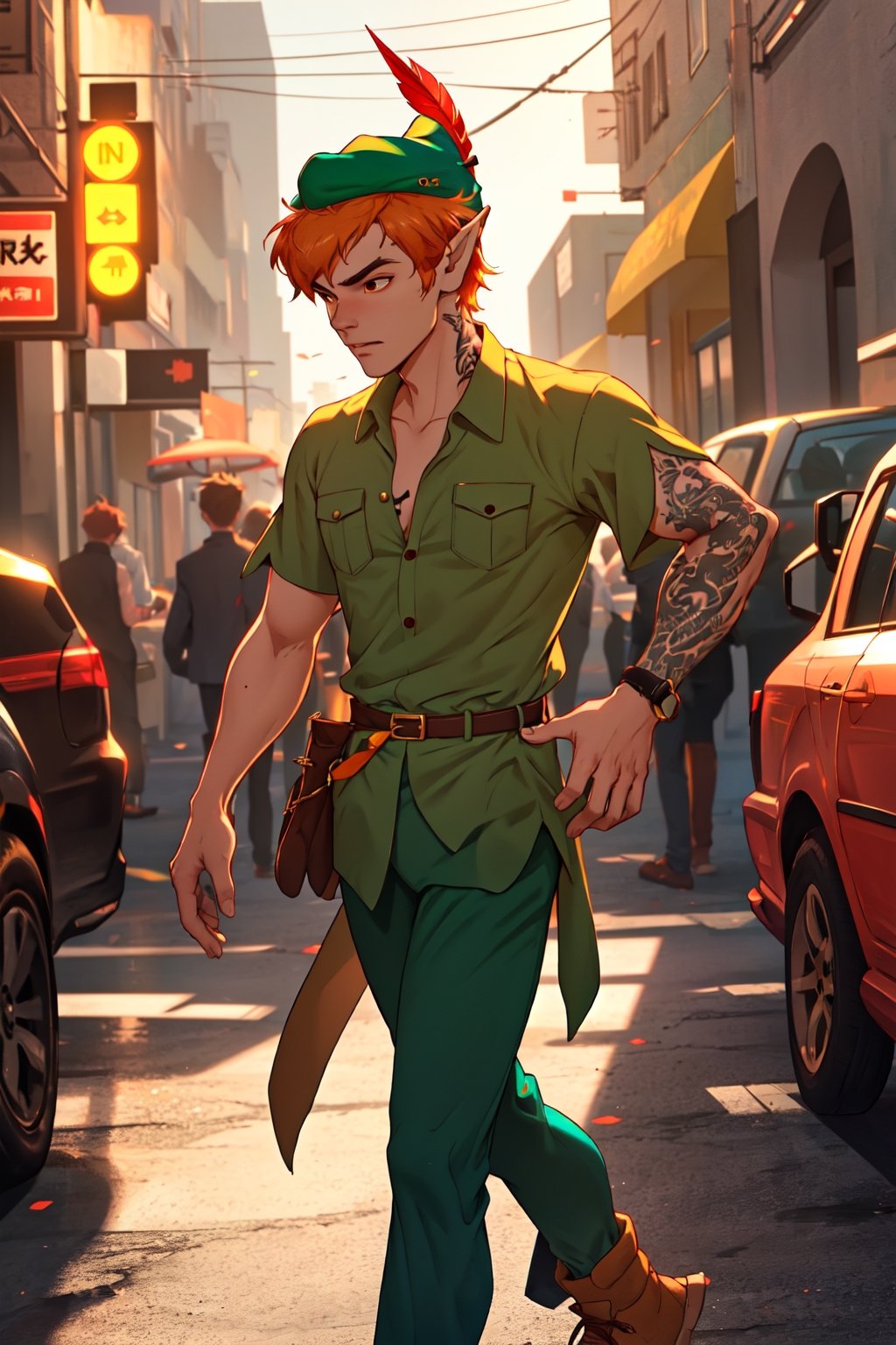 1boy, Open clothes, tattoo, piercing, ,masterpiece, Beauty, volumetric lights, depth effect,peter pan, short hair, orange hair, green pants, green collared shirt, short sleeves, belt, brown footwear, hat feather, male focus, pointy ears