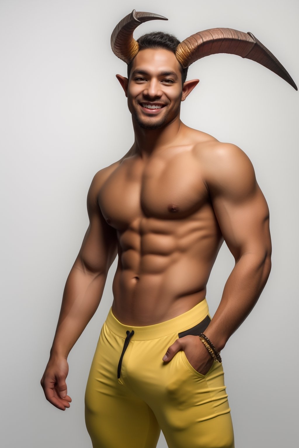 solo, looking at viewer, smile, simple background, black hair, 1boy, white background, navel, jewelry, nipples, yellow eyes, weapon, male focus, cowboy shot, wings, horns, pointy ears, pants, fingernails, tattoo, muscular, colored skin, black pants, piercing, abs, pectorals, muscular male, demon horns, gem, claws, colored sclera, long fingernails, demon wings, topless male, sharp fingernails, nipple piercing, demon boy