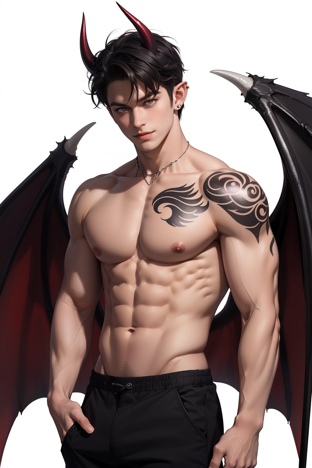 solo, looking at viewer, smile, simple background, black hair, 1boy, white background, navel, jewelry, nipples, yellow eyes, weapon, male focus, cowboy shot, wings, horns, pointy ears, pants, fingernails, tattoo, muscular, colored skin, black pants, piercing, abs, pectorals, muscular male, demon horns, gem, claws, colored sclera, long fingernails, demon wings, topless male, sharp fingernails, nipple piercing, demon boy,1boy