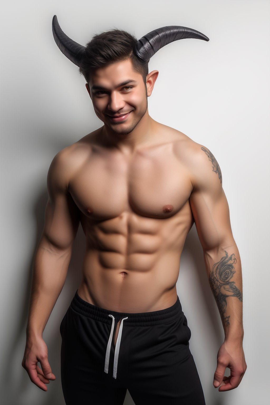 solo, looking at viewer, smile, simple background, black hair, 1boy, white background, navel, jewelry, nipples, yellow eyes, weapon, male focus, cowboy shot, wings, horns, pointy ears, pants, fingernails, tattoo, muscular, colored skin, black pants, piercing, abs, pectorals, muscular male, demon horns, gem, claws, colored sclera, long fingernails, demon wings, topless male, sharp fingernails, nipple piercing, demon boy