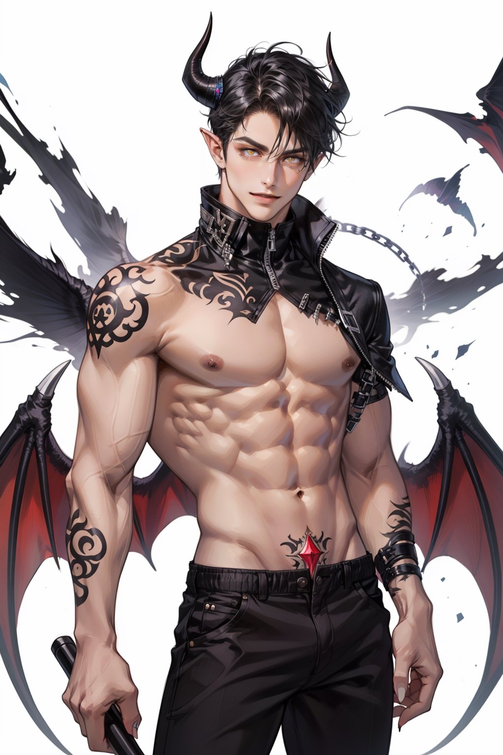 solo, looking at viewer, smile, simple background, black hair, 1boy, white background, navel, jewelry, nipples, yellow eyes, weapon, male focus, cowboy shot, wings, horns, pointy ears, pants, fingernails, tattoo, muscular, colored skin, black pants, piercing, abs, pectorals, muscular male, demon horns, gem, claws, colored sclera, long fingernails, demon wings, topless male, sharp fingernails, nipple piercing, demon boy,1boy