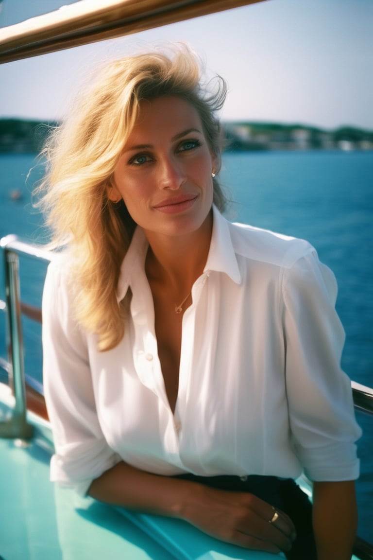 (+18) , nsfw, 
a beautiful sexy woman on a yacht near the harbour, 
perfect blonde hair, 
(Julia Roberts face) ,
Full body shot, 
Medium natural Breast, 
Cleavage, 
(modern photo, Platinum button white shirt:1.1), 24mm, 
(analog, cinematic, film grain, 
hazy atmosphere:1.4), 
(plain tiffany blue background, jazz club:1.5), 
detailed eyes, 
(seductive), 
(epicPhoto), (looking away from viewer), (cinematic shot:1.3),  
,