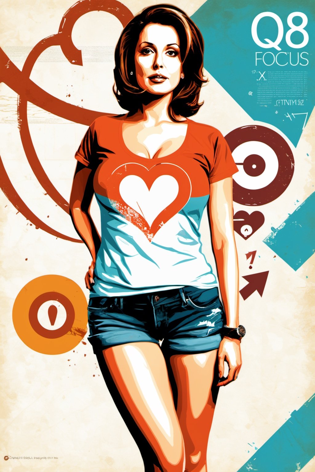 (An amazing and captivating abstract illustration:1.4), 
1girl, female focus, 
Nancy Pelosi face, 
large breasts, 
huge breasts, 
(wearing t-shirt:1.3), 
shorts, 
(grunge style:1.2), 
(frutiger style:1.4), 
(colorful and minimalistic:1.3), 
(2004 aesthetics:1.2),
(beautiful vector shapes:1.3), 
with (the text "Q8":1.1), 
text block. BREAK swirls, x \(symbol\), arrow \(symbol\), heart \(symbol\), gradient background, sharp details, oversaturated. 
BREAK 
highest quality, 
detailed and intricate, original artwork, trendy, 
mixed media, 
vector art, vintage, 
award-winning, artint, SFW,