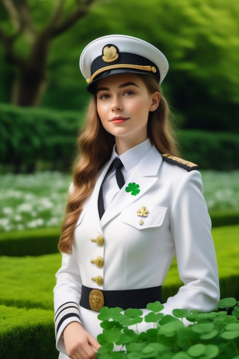 Irish girl in imperialofficer white uniform ,
Shiny whit and green garden of a green 🍀 leaf , 
Clover 🍀 background, 
Top 🎩  hat ,
8k uhd, 
dslr, bright lighting, 
high quality, film grain,
masterpiece quality,Fujifilm ,br1ghtdr3ssng,realg,more detail XL