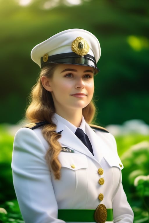Irish girl in imperialofficer white uniform ,
Shiny whit and green garden of a green 🍀 leaf , 
Clover 🍀 background, 
8k uhd, 
dslr, bright lighting, 
high quality, film grain,
masterpiece quality,Fujifilm ,br1ghtdr3ssng,realg,more detail XL