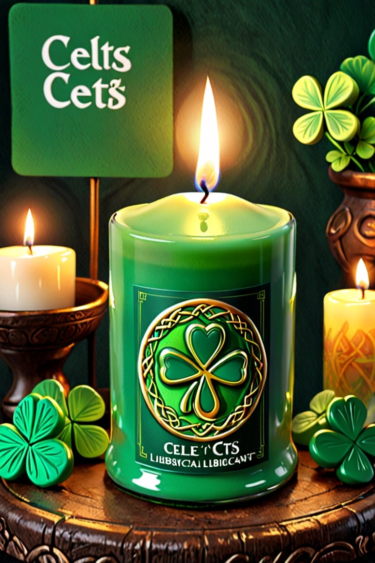 an adorable (lucky lubricants) candle that is holding a sign that says [celts], 
digital art, 
Green colour theme ,
Irish celts Cloverleaf theme, 
adorable,   VCuteStyle, FAEIA