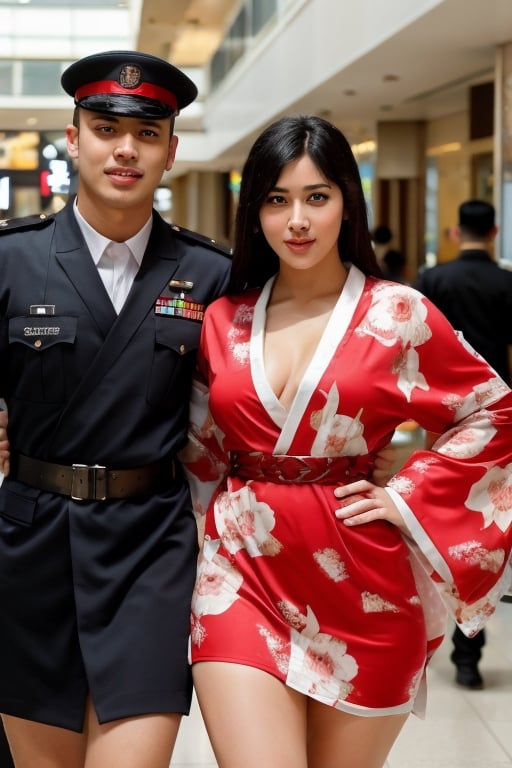 (+18) , NSFW ,
2 people,  a man and a woman,  a couple ,
A sexy Arab woman walking in a mall with a young black army officer man, 
Kimono 👘  short dress ,
RAW photo, 
8k uhd, high quality, 
Perfect Ample pussy,
,
,,bsp,IncursioPecEnvy,ahegao