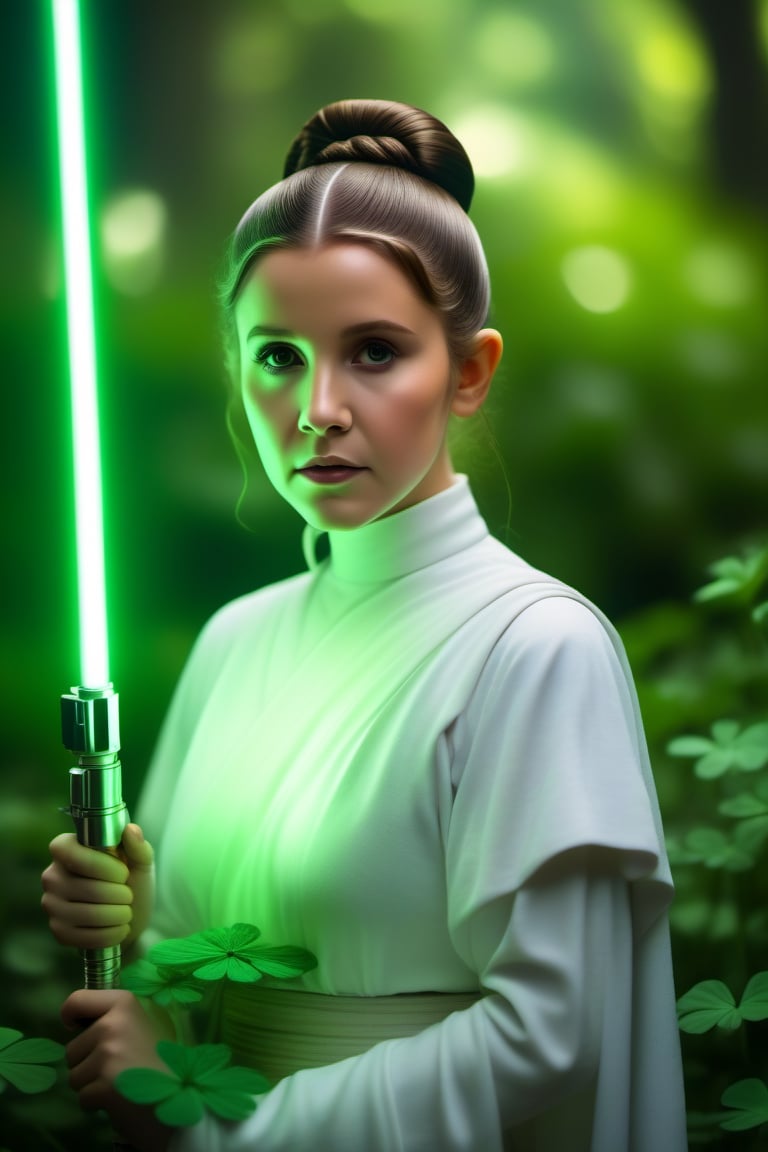 Star wars, 
1Girl in white uniform ,
Princess leia ,
Green light saber ,
Shiny whit and green garden of a green 🍀 leaf , 
Clover 🍀 background, 
Hair buns ,
8k uhd, 
dslr, bright lighting, 
high quality, film grain,
masterpiece quality,Fujifilm ,br1ghtdr3ssng,realg,more detail XL