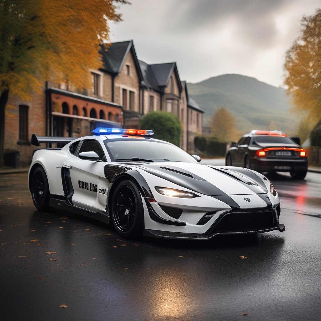 Black and white Police car ,
Near by Dragon, 

,c_car,APEX SUPER CARS XL ,echmrdrgn,action shot