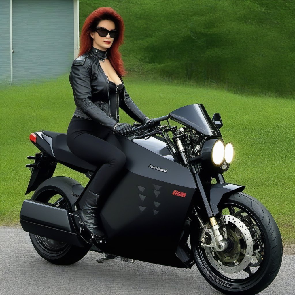 (+18) , nsfw, 
A sexy Gothic woman trying to ride a motorcycle:
1986 Kawasaki Ninja 1000R ,dc100