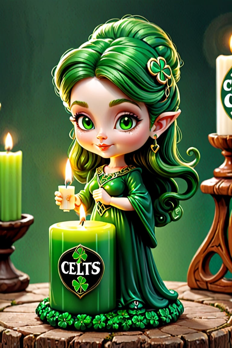 an adorable (lucky lubricants Irish lady) candle that is holding a sign that says [celts], 
digital art, 
Green colour theme ,
Irish celts Cloverleaf theme, 
adorable,   VCuteStyle, FAEIA