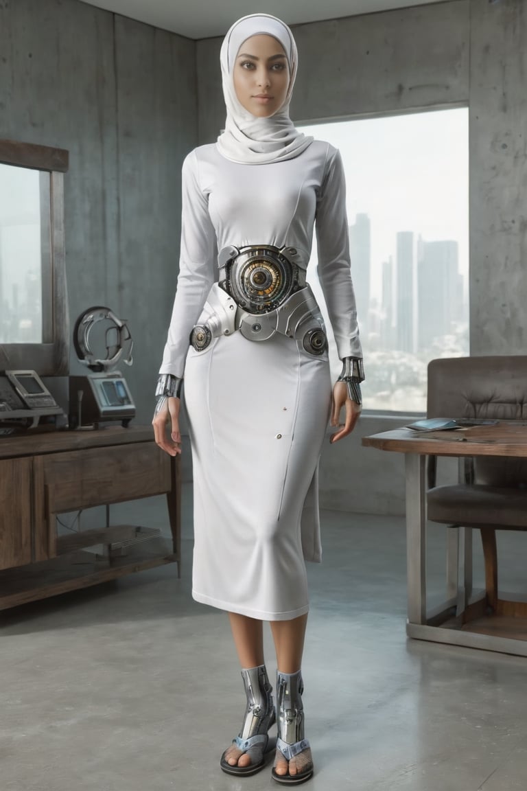 award winning studio photo realistic android arab woman , hijab ,, ((cyborg body)) , visible mechanical parts on body , metal leges ,
 , (((FULL BODY shot))) , in a house working as house maid , background in a regular house furniture, 
 (white sci-fi holographic dress:1.2), (articulations:1.3), (detailed texture:1.3), future material, detailed body, (detailed eyes:1.0), detailed face, sharp focus, hd, dark, hdr, 8k, (reflection:1.1), god rays, hi tech lab on the background
,tranzp,cyborg style,flip_flop_sock