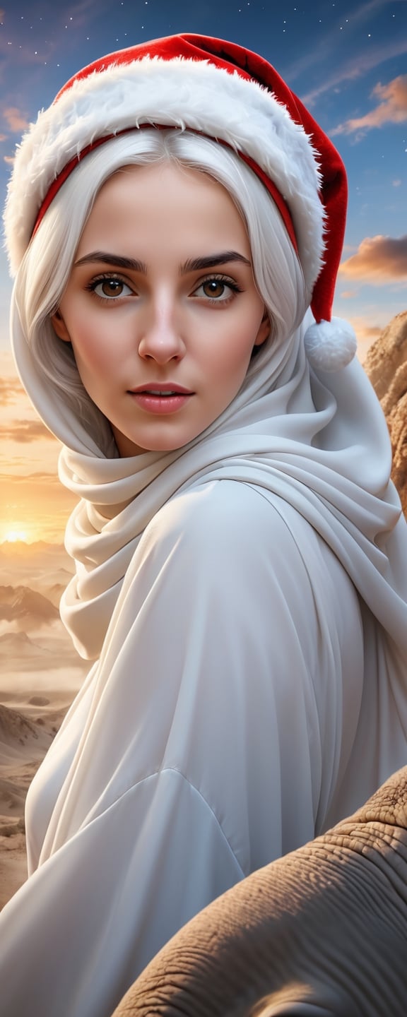 create a artistic artwork portraying of  a beautiful (arab bedouin) naked woman , wearing hijab , ((Christmas hat above hijab))  , climbing a elephant, she has flowy cloud-fading-into-white hair ,  ultradetailed face, 8k UHD, professional results ,arcane,ColorART,  sharp focus on face, , sharp focus on elephant, wide-angle sky view with wispy clouds ,EpicSky,  golden hour, close-up, mountain  views, 