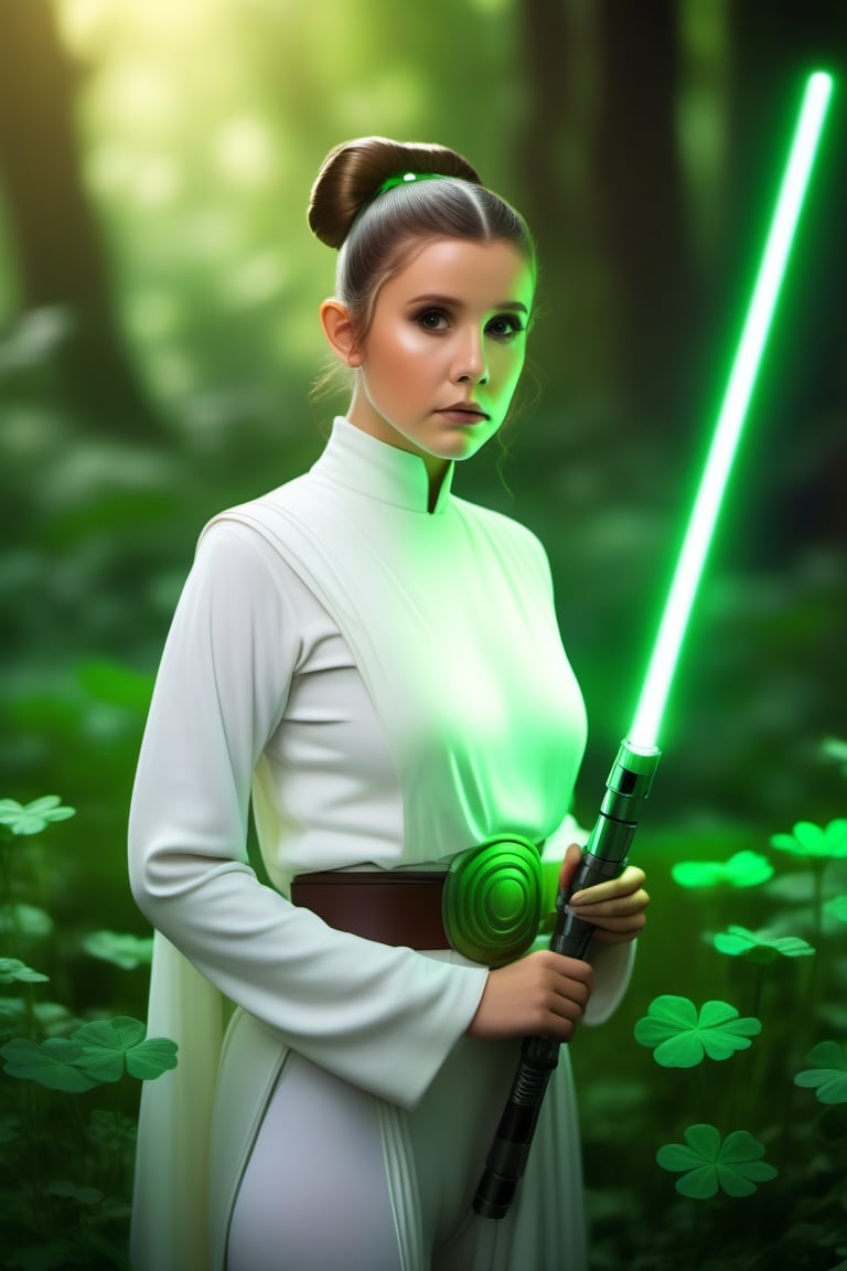 Star wars, 
1Girl in white uniform ,
Princess leia ,
Green light saber ,
Shiny whit and green garden of a green 🍀 leaf , 
Clover 🍀 background, 
Hair buns ,
8k uhd, 
dslr, bright lighting, 
high quality, film grain,
masterpiece quality,Fujifilm ,br1ghtdr3ssng,realg,more detail XL