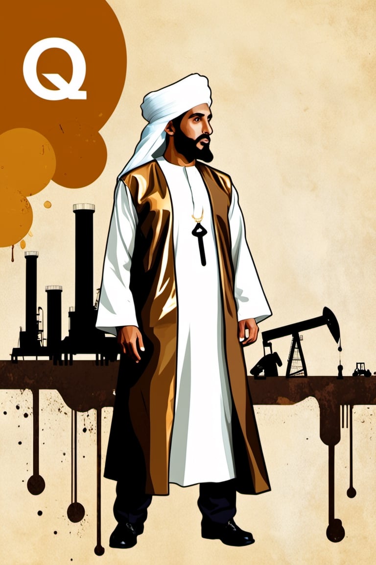 (An amazing and captivating abstract illustration:1.4), 
1man, traditional Arabian ,
A portrait of an Arabian sheikh in white traditional dress,
(grunge style:1.2), 
(frutiger style:1.4), 
(colorful and minimalistic:1.3), 
(2004 aesthetics:1.2),
(beautiful vector shapes:1.3), 
with ((the text "Q8":1.1)), 
text block. 
BREAK 
Petroleum rig , x \(symbol\), oil barrels \(symbol\), oil pump \(symbol\), gradient background, sharp details, oversaturated. 
BREAK 
highest quality, 
detailed and intricate, original artwork, trendy, 
mixed media, 
vector art, vintage, 
award-winning, artint, SFW,