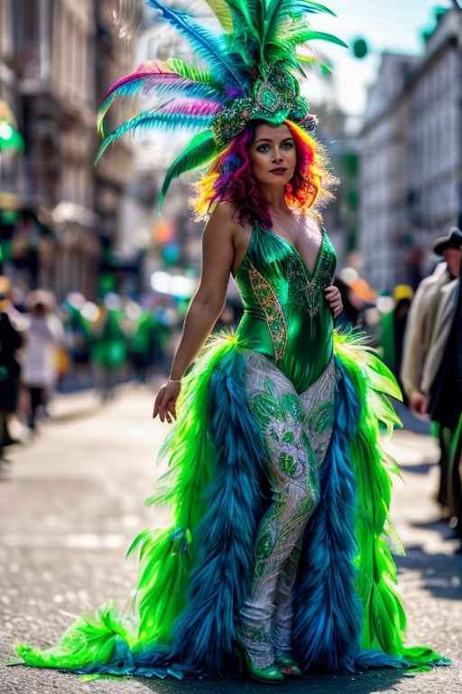 a beautiful irish woman with a colorful green feathered huge headdress on her head and a colorful feathered big tail, 
large fluffy feathers,  
multicolor of green ,  
rainbow green color, 
Wearing green long Tuxedo, 
Full body shot, 
Orange hair, 
Saint Patrick day festival perade ,
Lucky the Leprechaun midget,
Clover 🍀 ☘️ 🍀  leaf logo ,
intricate detailed ,
Ultra-detailed, ,1 girl