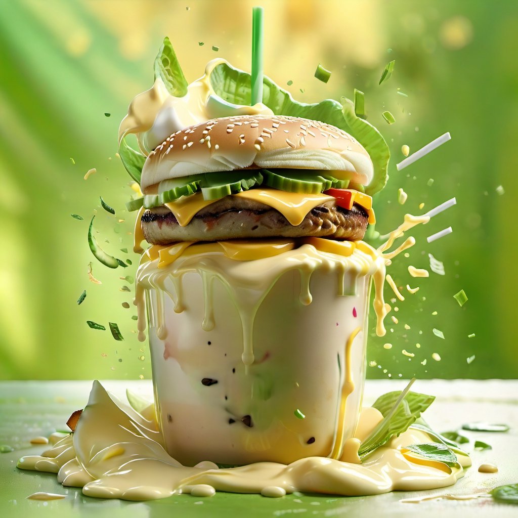 (+18) , nsfw, 

 cheeseburger splashed into a pool of milkshake, 
Best quality,masterpiece,ultra high res,booth,,food focus,still life,food,simple background,green background,,