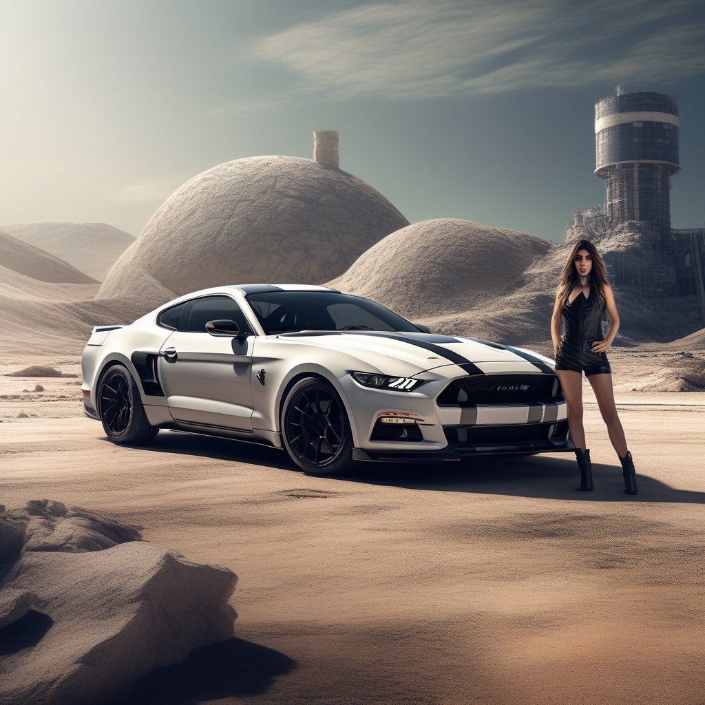 (+18) , nsfw, 
A sexy woman standing beside a Black and white (Police car) mustang with a siren on the moon surface, 
Planet earth  appears in  background, 

,c_car,APEX SUPER CARS XL ,echmrdrgn,action shot,NISSAN,secret