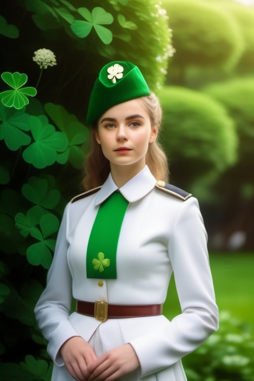 Irish girl in imperialofficer white uniform ,
Shiny whit and green garden of a green 🍀 leaf , 
Clover 🍀 background, 
8k uhd, 
dslr, bright lighting, 
high quality, film grain,
masterpiece quality,Fujifilm ,br1ghtdr3ssng,realg,more detail XL