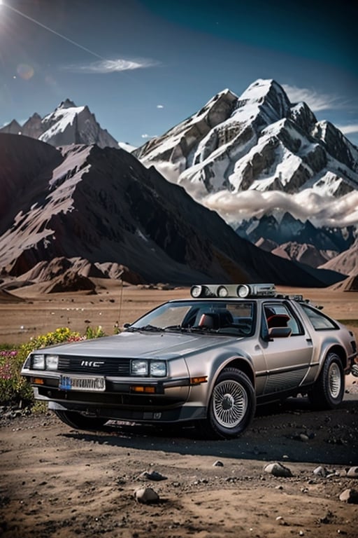 A silver DELOREAN DMC in Mount Kailash is a mountain in Ngari Prefecture, Tibet Autonomous Region of China. It lies in the Kailash Range of the Transhimalaya, in the western part of the Tibetan Plateau. 
Mount Kailash is less than 100 km north of the western trijunction of the borders of China, India, and Nepal ,

A flying DELOREAN DMC ,
 ,xyzabcwalls