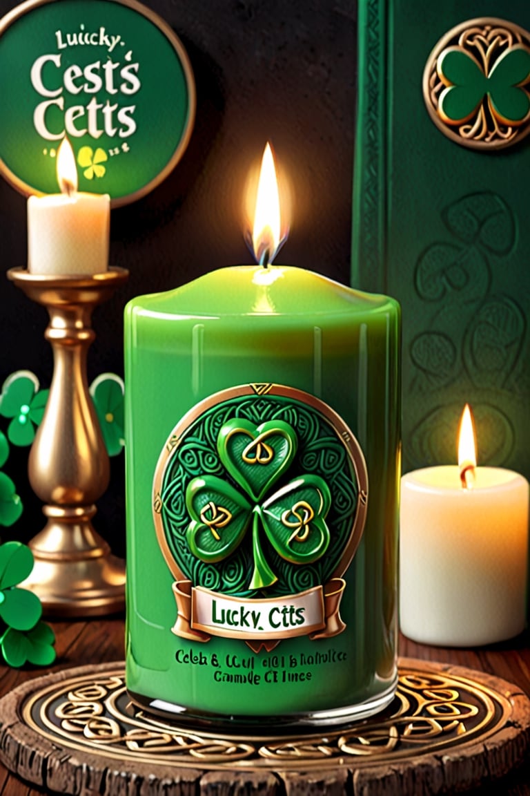 an adorable (lucky lubricants) candle that is holding a sign that says [celts], 
digital art, 
Green colour theme ,
Irish celts Cloverleaf theme, 
adorable,   VCuteStyle, FAEIA