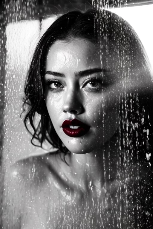 a woman's face is shown through a foggy glass window, 
hot shower steam, 
Outdoors, 
Iceland, 
Hot springs ,
Volcano, 
Naked body ,
((Full body shot)) ,
Amber heard face ,
swirling mist, 
a black and white background photo, 
art photography,
Double exposure, 
Red lipstick, 
smoke on the water,photorealistic,Lipstick