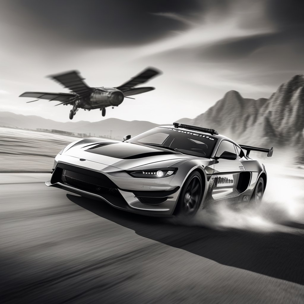 Black and white Police car ,
Flying Dragon in the background, 

,c_car,APEX SUPER CARS XL ,echmrdrgn,action shot