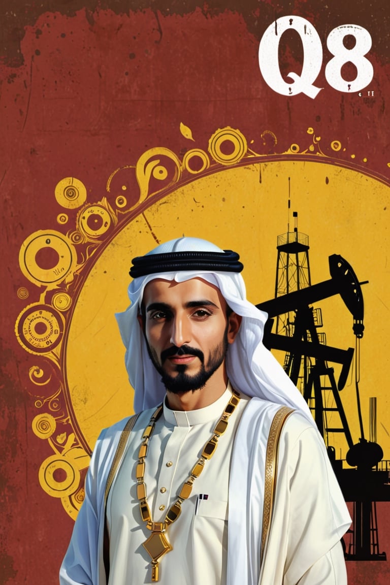 (An amazing and captivating abstract illustration:1.4), 
1man, traditional Arabian gulf head of state ,
A portrait of an Arabian sheikh in white traditional dress,
(grunge style:1.2), 
(frutiger style:1.4), 
(colorful and minimalistic:1.3), 
(2004 aesthetics:1.2),
(beautiful vector shapes:1.3), 
with (((the text "Q8":1.1))), 
text block. 
BREAK 
{{Petroleum rig}} , x \(symbol\), {oil barrels} \(symbol\), oil pump \(symbol\), gradient background, sharp details, oversaturated. 

BREAK 

highest quality, 
detailed and intricate, original artwork, trendy, 
mixed media, 
vector art, vintage, 
award-winning, artint, SFW,photorealistic